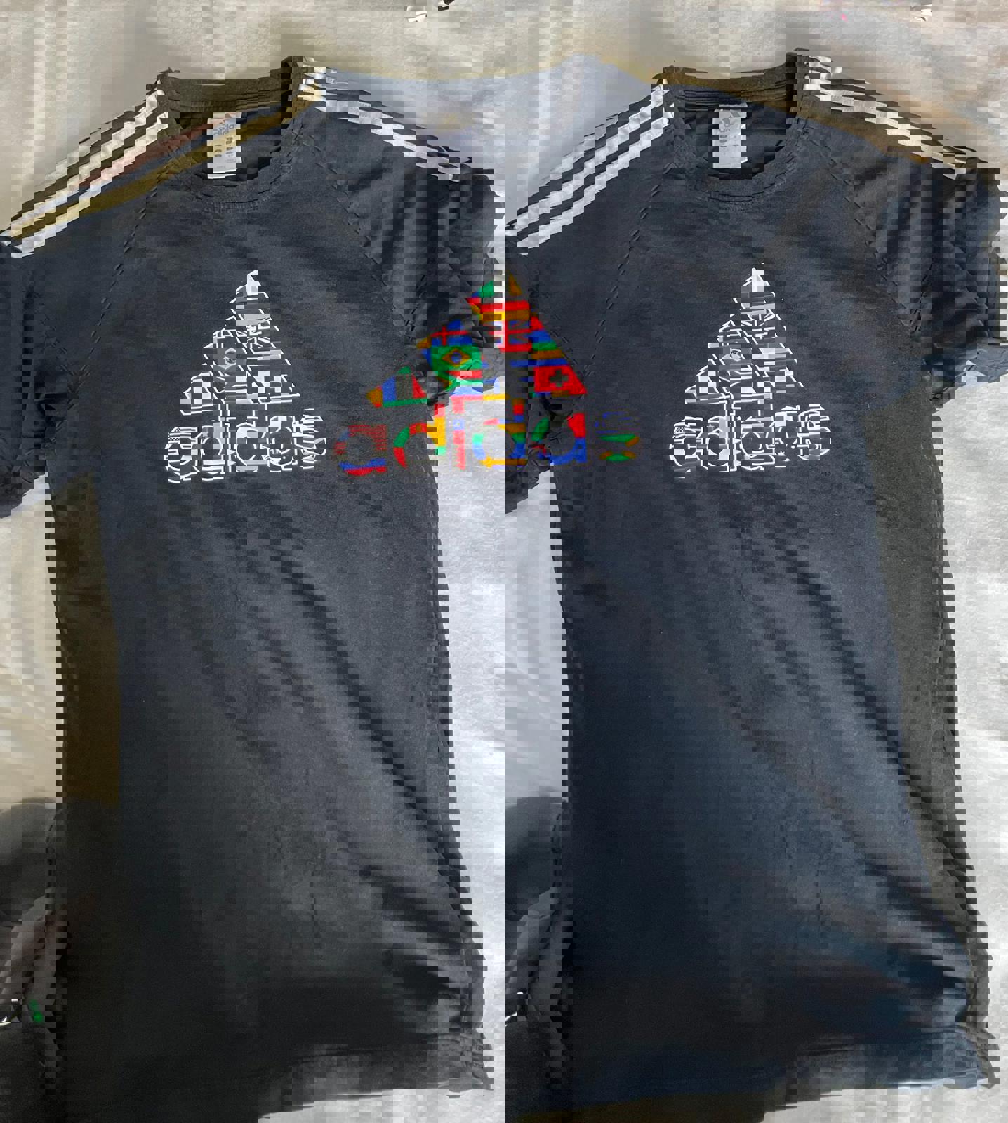 Adidas Black T-Shirt with Colorful Flag Logo - Men's Medium