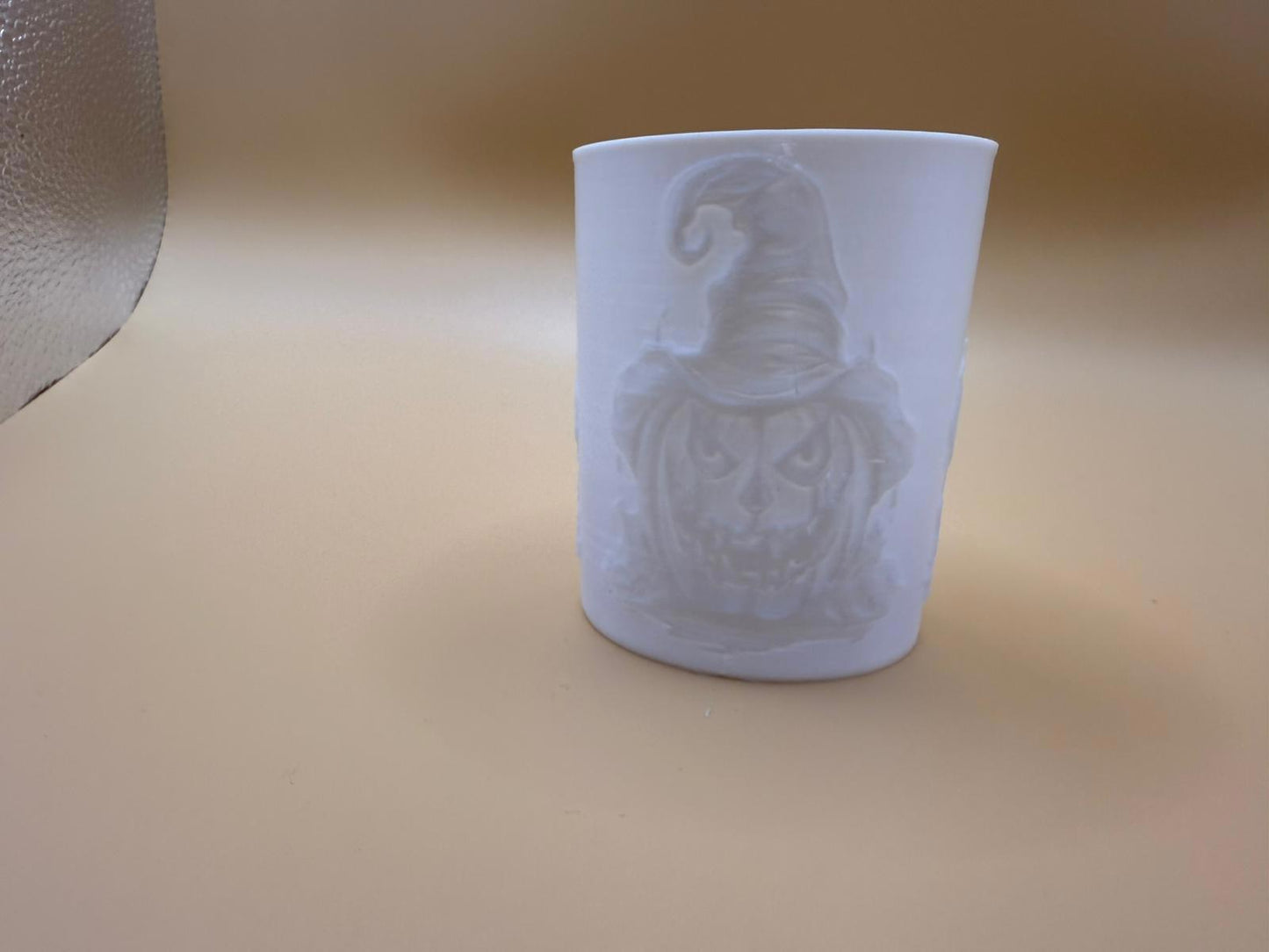 White Halloween Pumpkin Candle Holder with Witch Hat Design