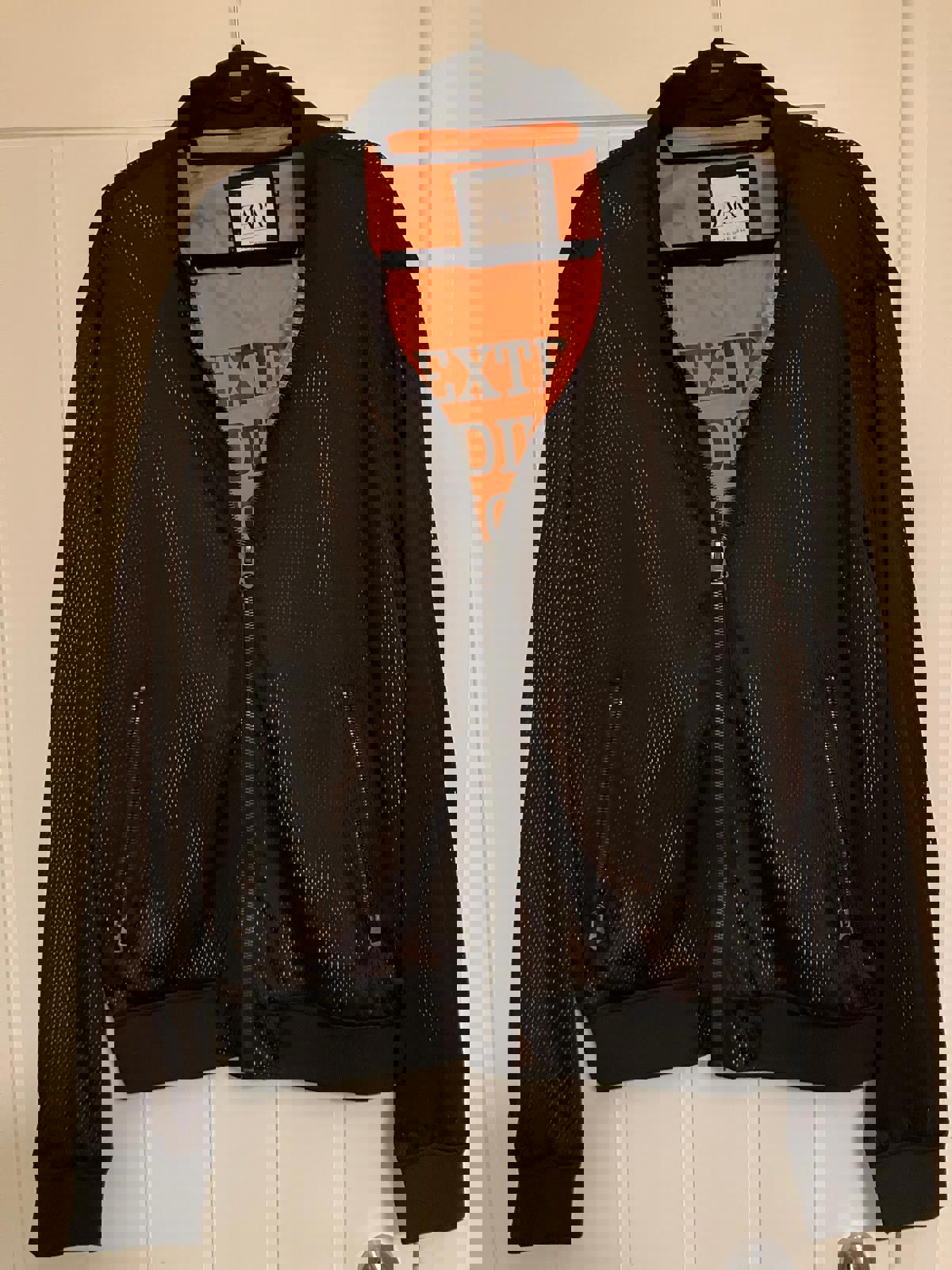 ZARA Men's Black Bomber Jacket with Orange Lining, Size XL