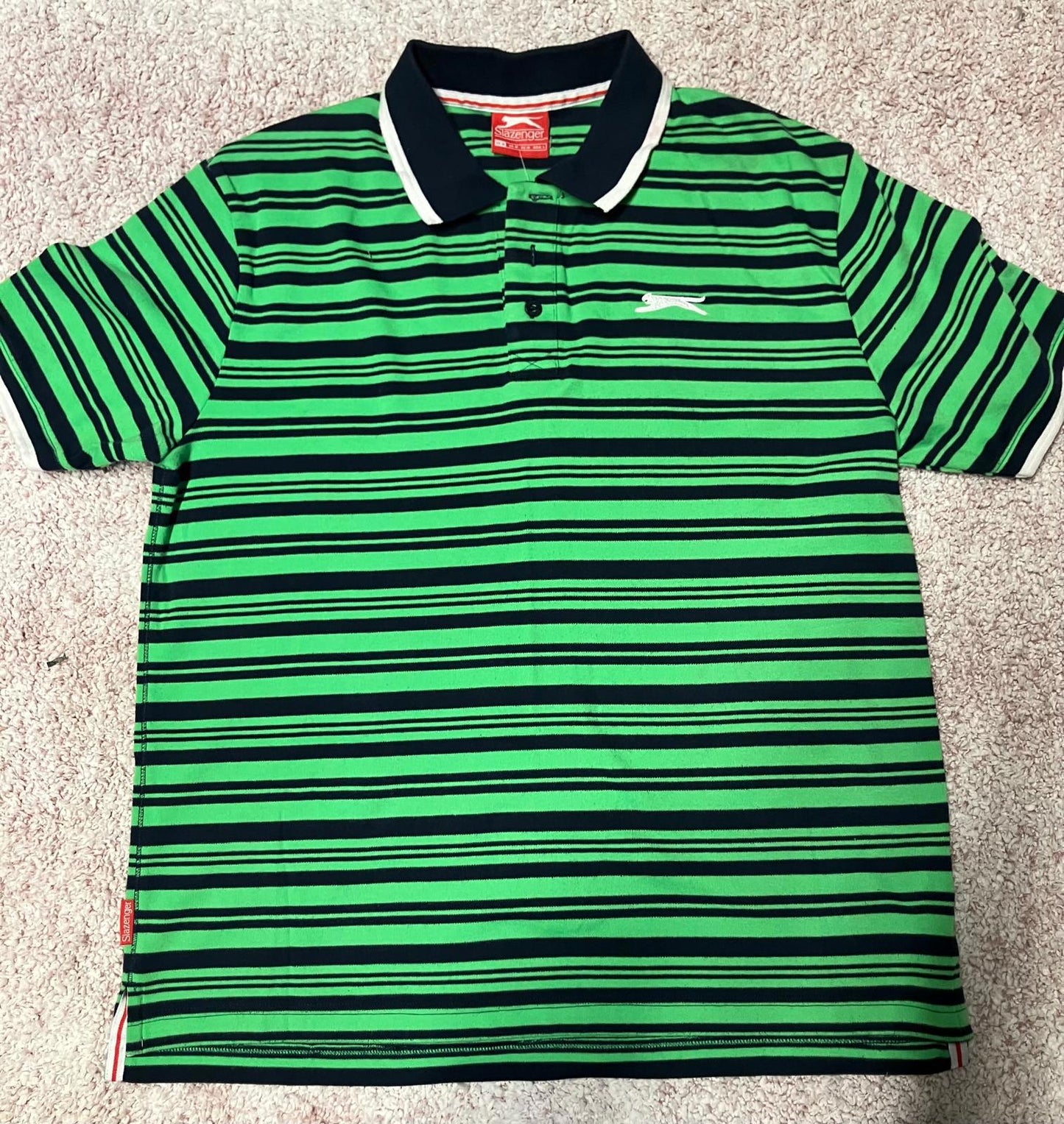 Men's Green and Navy Striped Polo Shirt by Slazenger