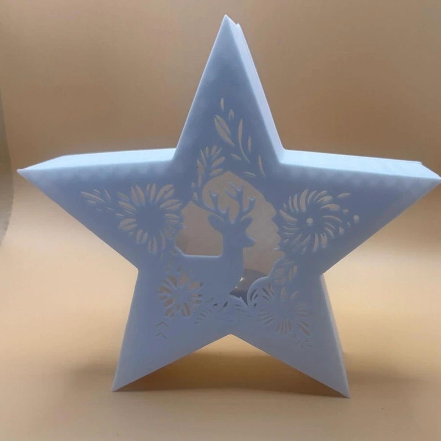 Handmade 3D Printed Star Lantern with Reindeer Cutout – Tealight Included