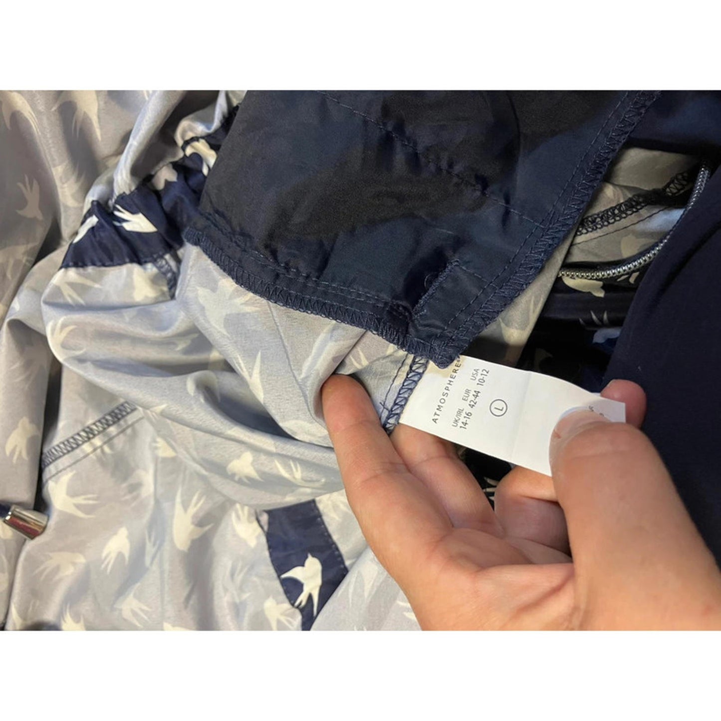 Atmosphere Navy Swallow Print Parka Jacket – Size L (UK 14–16)