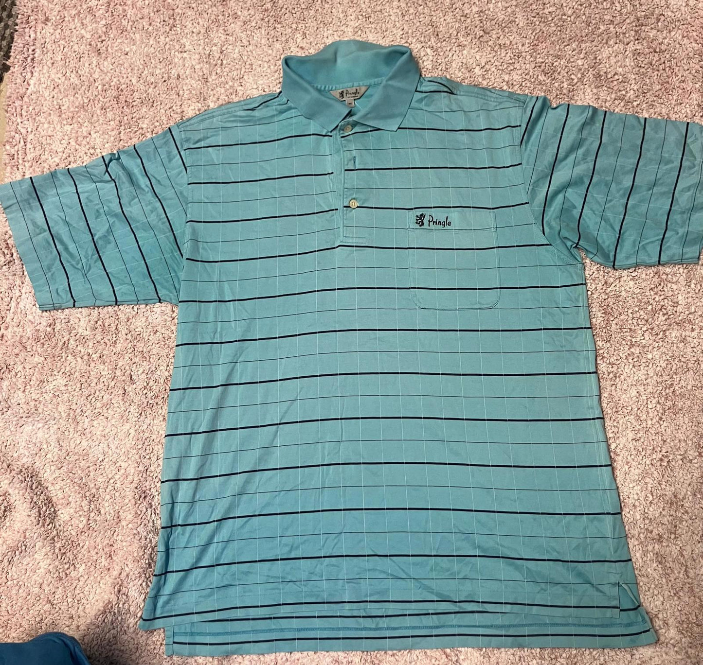Pringle of Scotland Men's Light Blue Striped Polo Shirt Size M