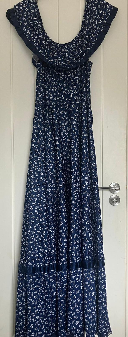 Lovely Navy Blue Floral Casual Dress with Ruffle Detail