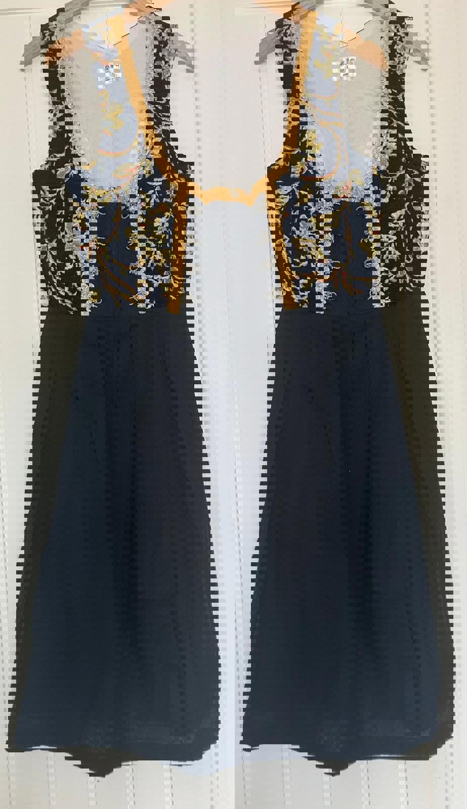 Lovely Vintage Floral Embroidered Dress with Gold Trim
