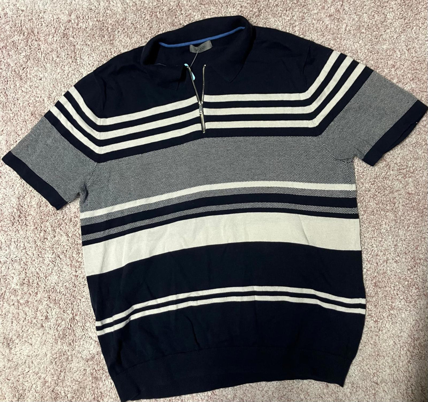 George Men's Striped Half-Zip Polo Shirt - Navy, Gray, White