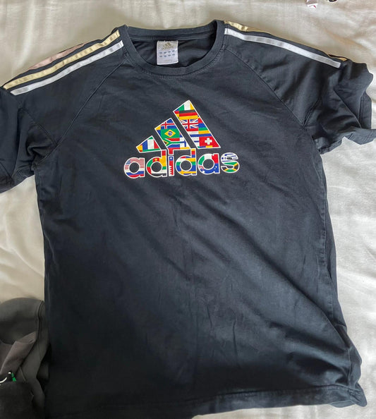 Adidas Black T-Shirt with Colorful Flag Logo - Men's Medium