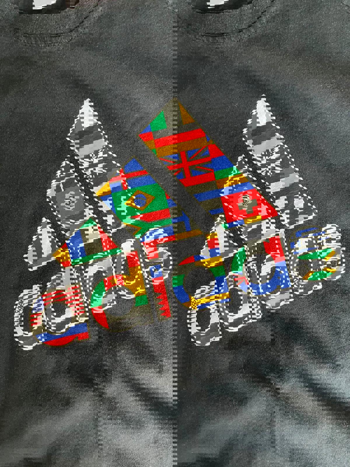 Adidas Black T-Shirt with Colorful Flag Logo - Men's Medium