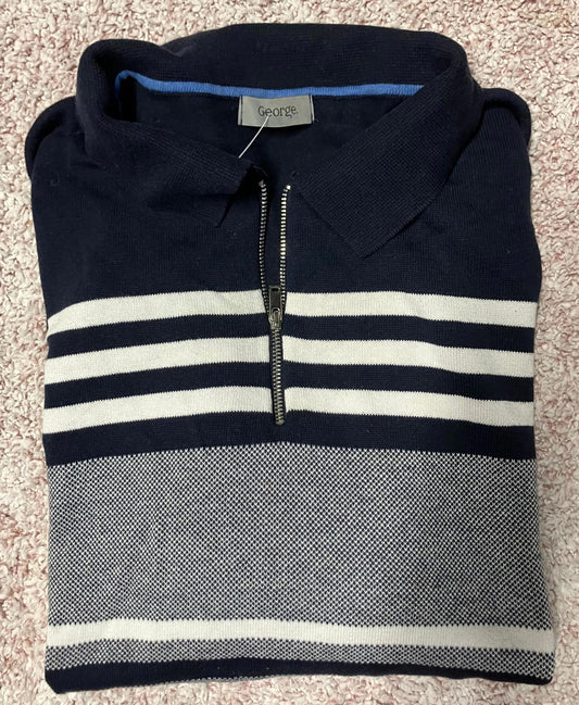 George Men's Striped Half-Zip Polo Shirt - Navy, Gray, White