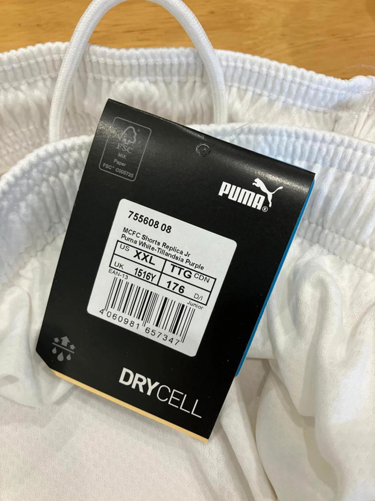 Puma Manchester City Football Club DryCELL Shorts - White & Viola Purple, UK size junior age 15-16