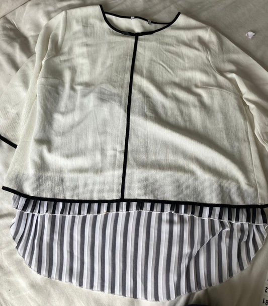 Lovely Women's White and Black Trim Blouse with Striped Hem