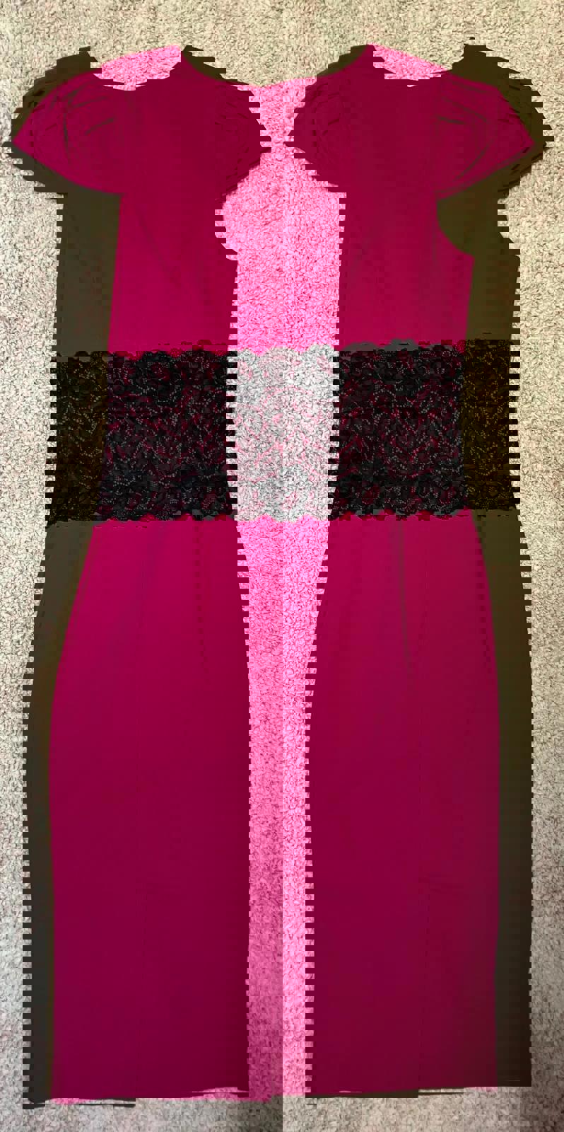 Elegant Magenta Midi Dress with Black Lace Waist Detail