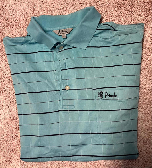 Pringle of Scotland Men's Light Blue Striped Polo Shirt Size M