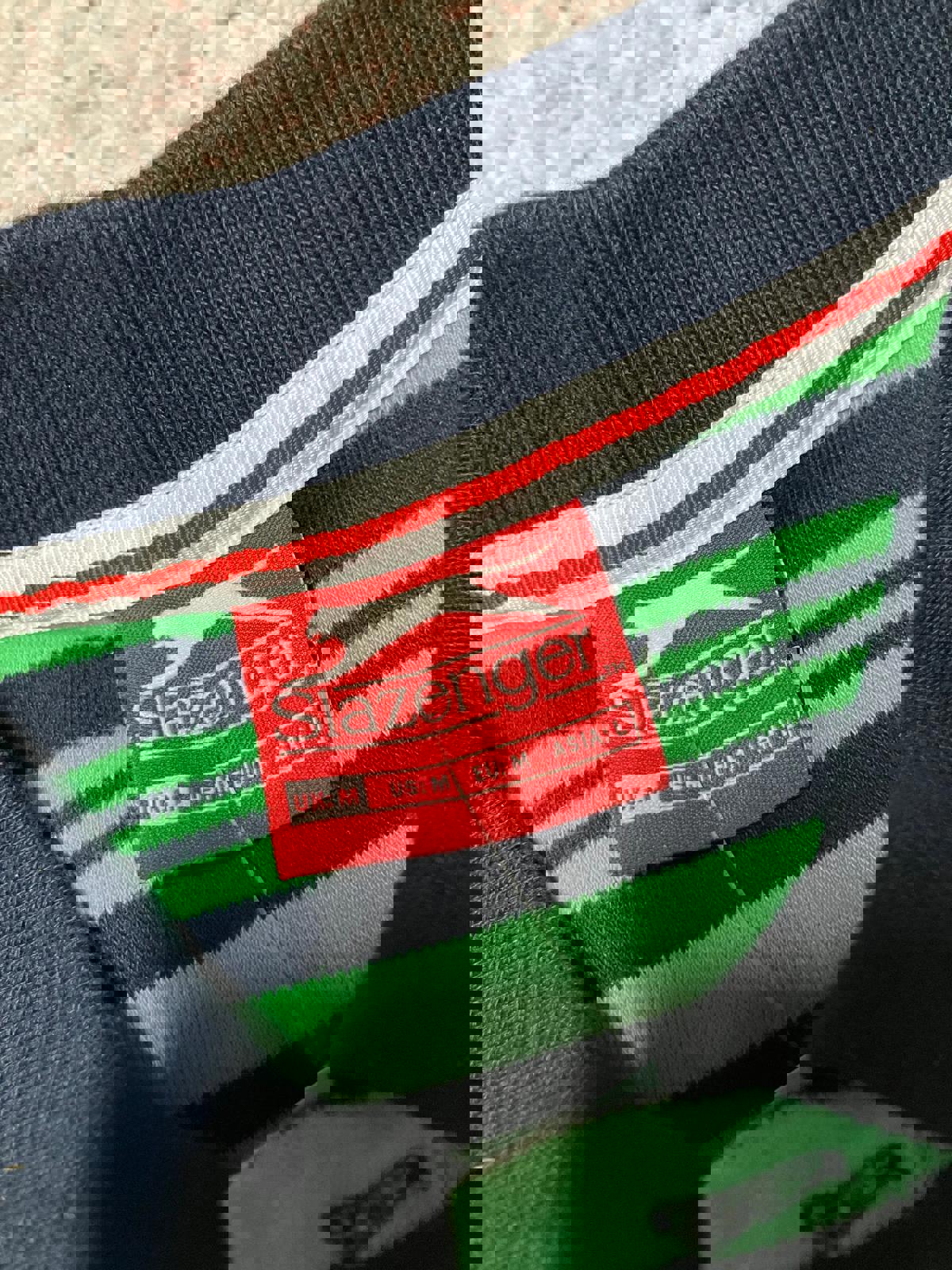 Men's Green and Navy Striped Polo Shirt by Slazenger