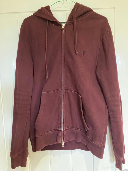 AllSaints Men's Zip-Up Hoodie in Burgundy, Size Small