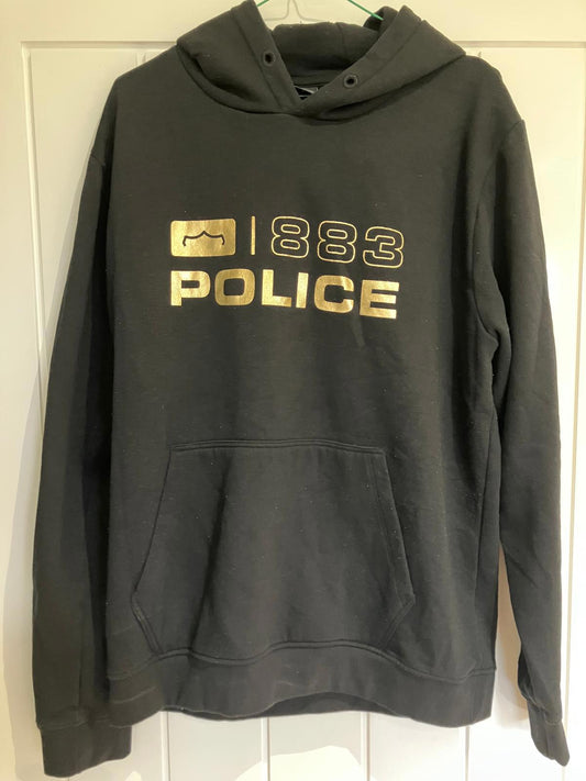 883 Police Men's Black Hoodie with Gold Logo, Size Large