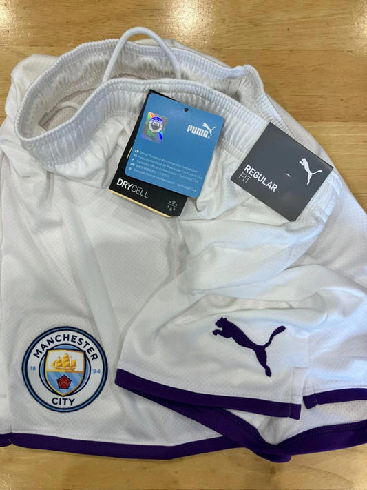 Puma Manchester City Football Club DryCELL Shorts - White & Viola Purple, UK size junior age 15-16