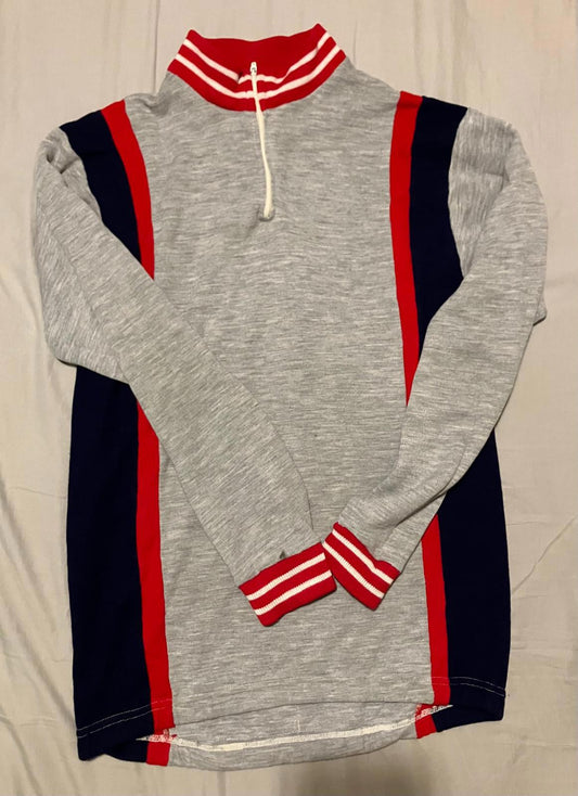 Stylish Vintage Men's Half-Zip Sweater with Red and Navy Stripes