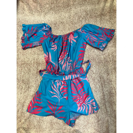 Shein Tropical Leaf Print Off-Shoulder Playsuit – Size L