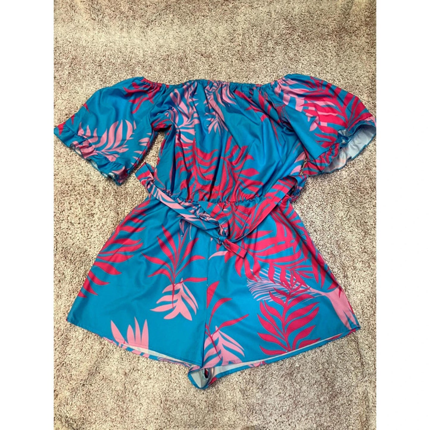 Shein Tropical Leaf Print Off-Shoulder Playsuit – Size L