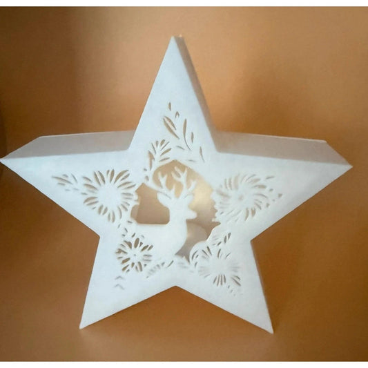 Handmade 3D Printed Star Lantern with Reindeer Cutout – Tealight Included