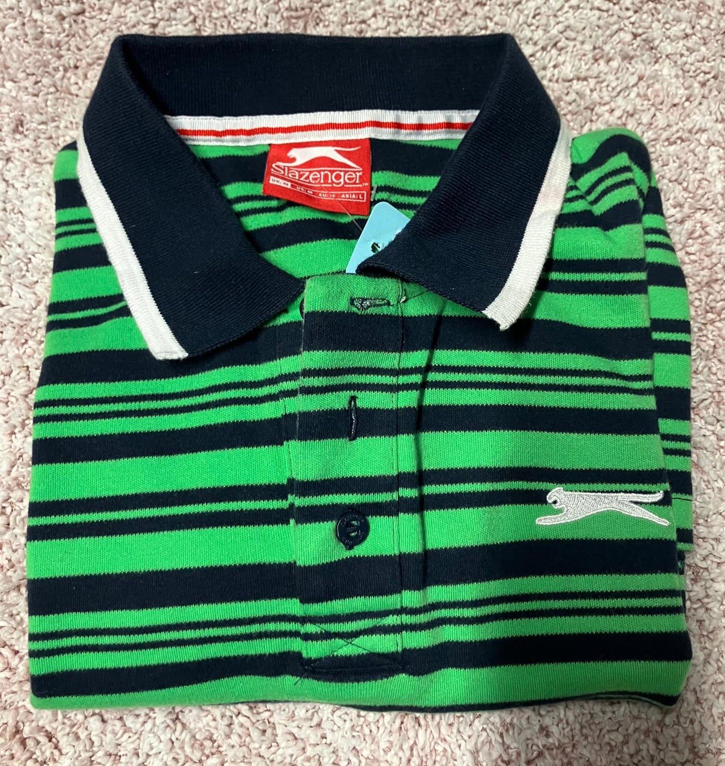 Men's Green and Navy Striped Polo Shirt by Slazenger