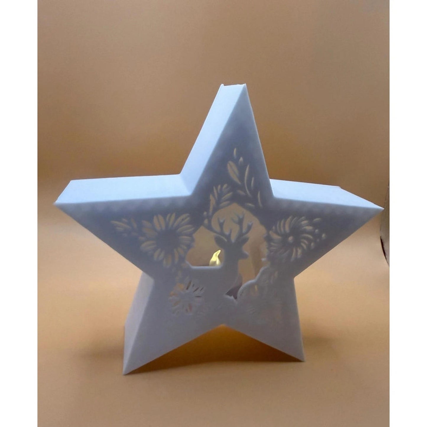 Handmade 3D Printed Star Lantern with Reindeer Cutout – Tealight Included