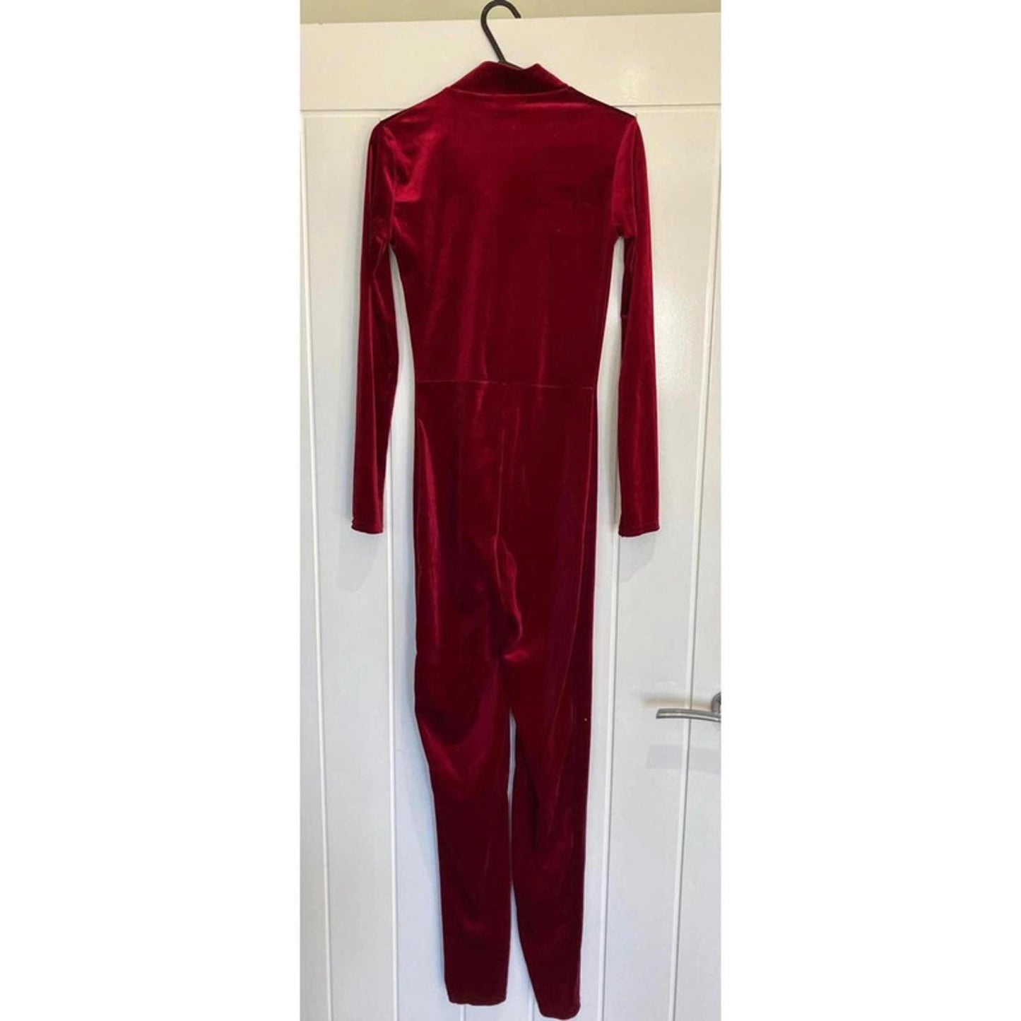 Striking red velvet jumpsuit from PrettyLittleThing, size UK 6.