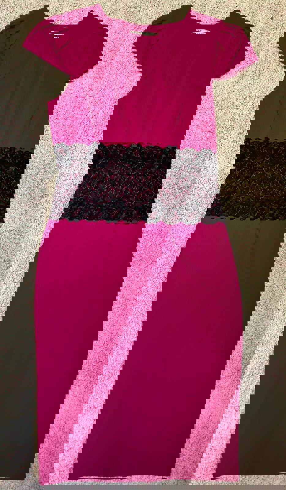 Elegant Magenta Midi Dress with Black Lace Waist Detail