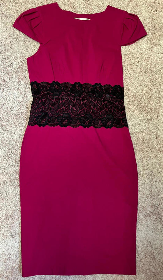 Elegant Magenta Midi Dress with Black Lace Waist Detail